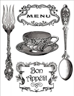 Sellos Stamperia WTK081 Menu, Bon appetit, Taza y Cubiertos