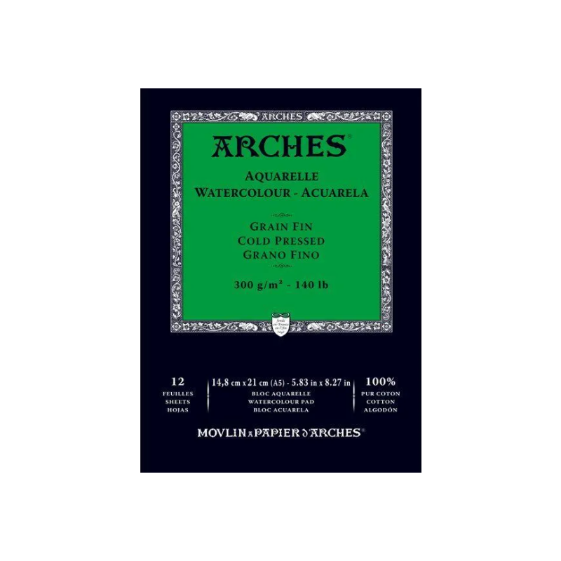 Bloc Aquarelle Arches 14,8 X 21 Cm – 12 Feuilles 300 G 100% Coton – Blanc Naturel