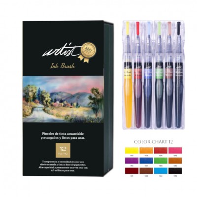 Pack de 12 pinceles de tinta acuarelable de colores Artist