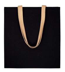 Bolsa de algod&oacute;n negra con asa de sarga de color marr&oacute;n